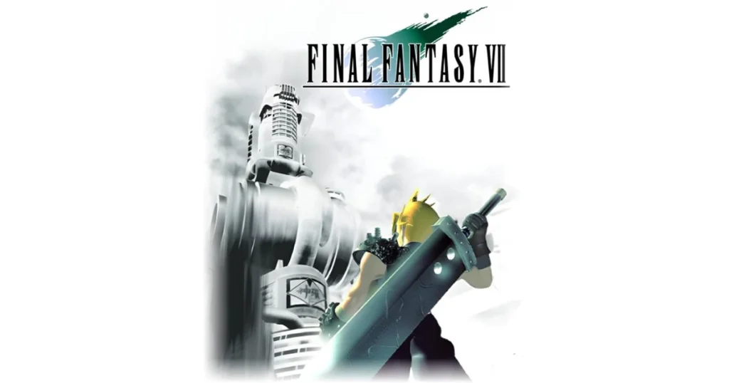 Final Fantasy VII 1997 cover art showing Cloud Strife with the Buster Sword facing the Shinra building, for this Final Fantasy VII review