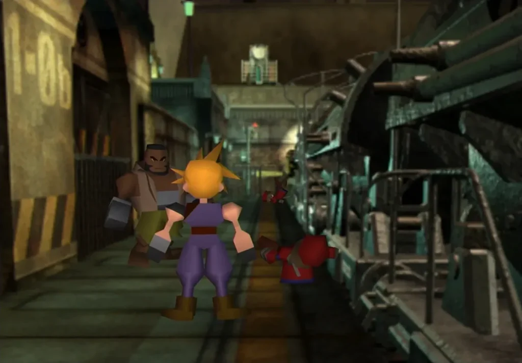 Cloud and Barret in a Midgar train station in the original Final Fantasy VII, showing blocky 3D character models on a detailed pre-rendered background