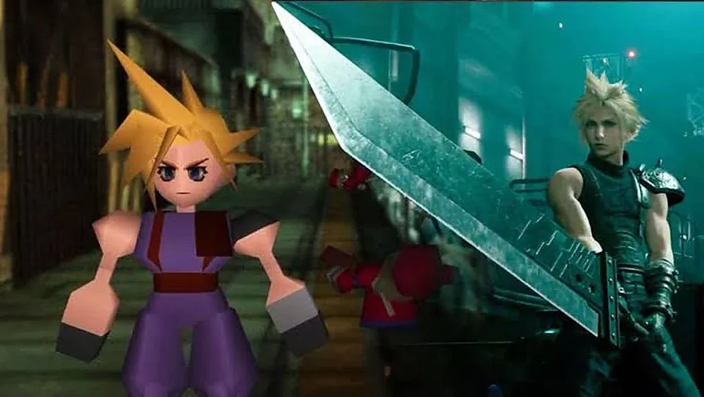 Cloud Strife’s blocky field model from the 1997 Final Fantasy VII beside his detailed design in Final Fantasy VII Remake