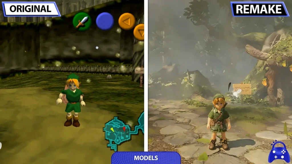 Young Link in Kokiri Forest in the original N64 Ocarina of Time beside the same scene in the Switch 2 remake