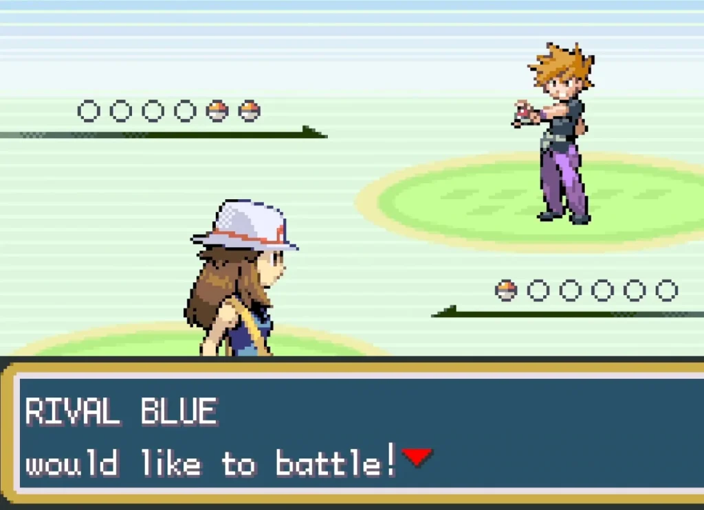 Leaf, the female player character, starting a turn-based battle against the rival in Pokémon FireRed