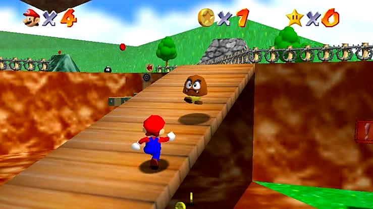 Mario running across a wooden bridge toward a Goomba in Bob-omb Battlefield