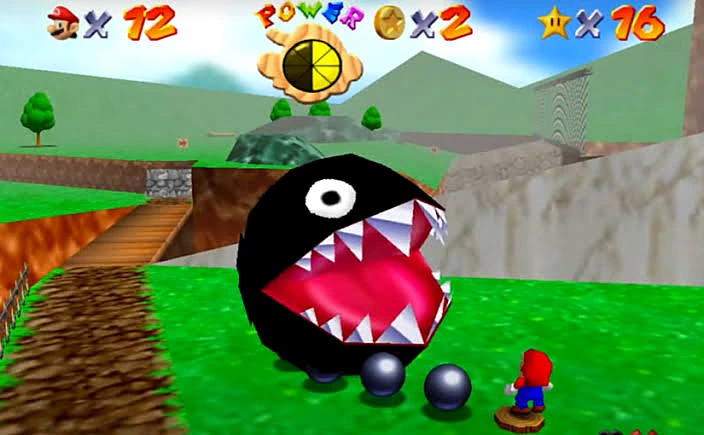 Mario facing the giant Chain Chomp in Bob-omb Battlefield, Super Mario 64