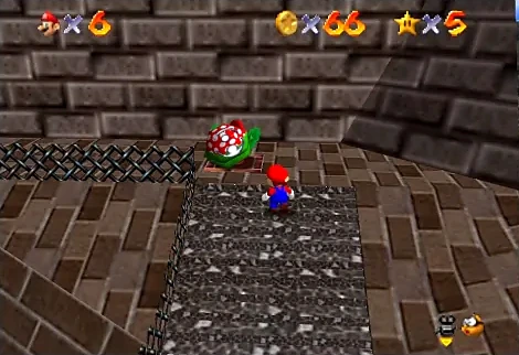 Mario approaching a Piranha Plant in Whomp’s Fortress, played on Nintendo Switch